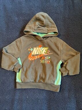 Nike Kids Olive Hoodie with Neon Green and Orange Graphic